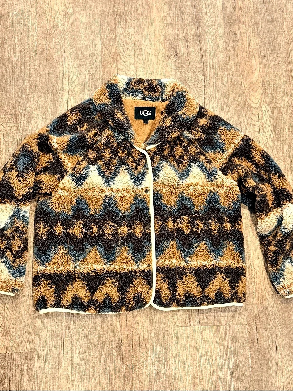 UGG Elaina UGGuff Cardigan Geometric Fleece Jacket in Brown & Blue Like New